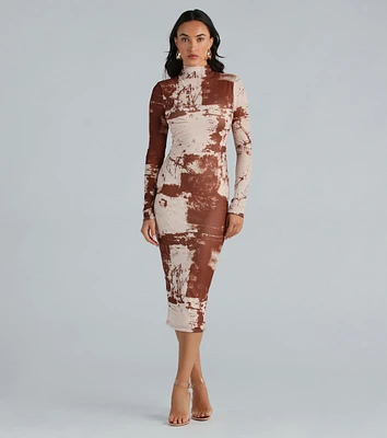 Abstract Moment Mesh Mock Neck Midi Dress