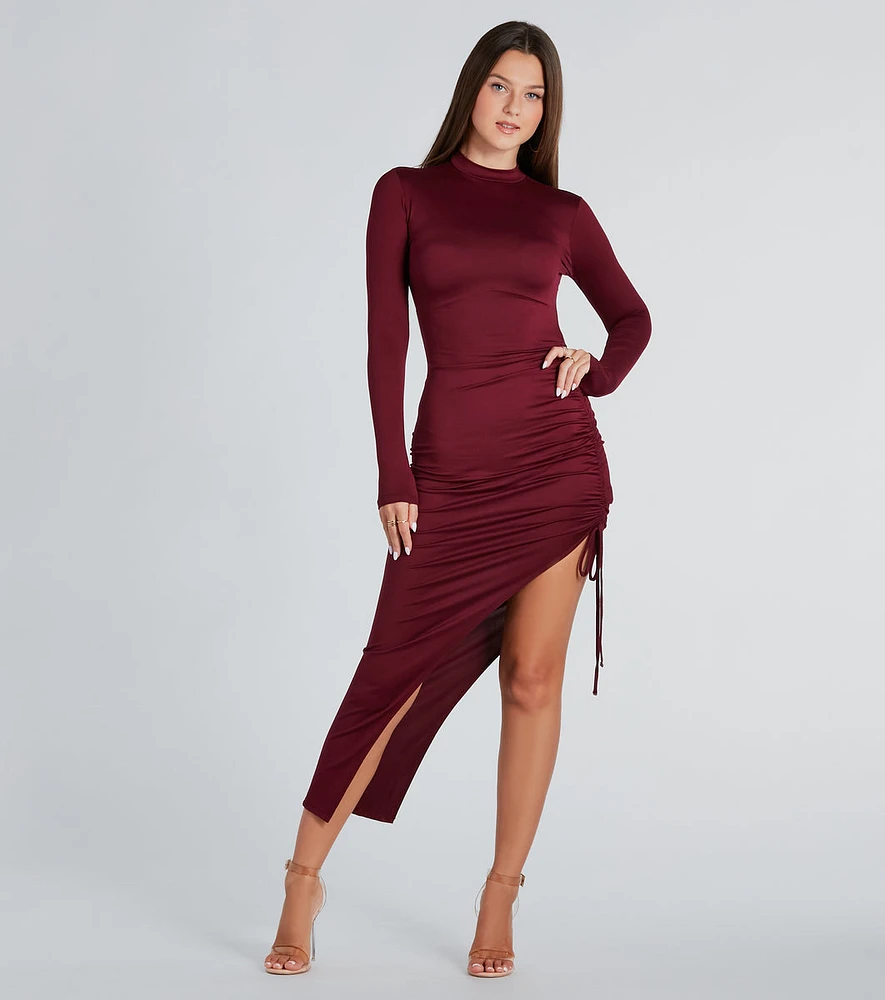 The Lineup Mock Neck High Slit Midi Dress