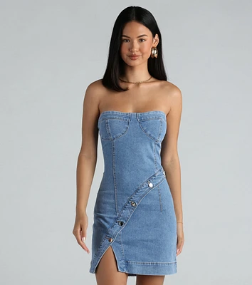 Button Up Babe Denim Strapless Mini Dress