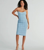 Crush-Worthy Strapless Denim Bodycon Midi Dress