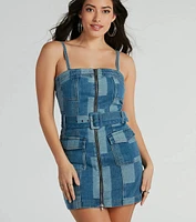 Patchwork It Belted Denim Mini Dress