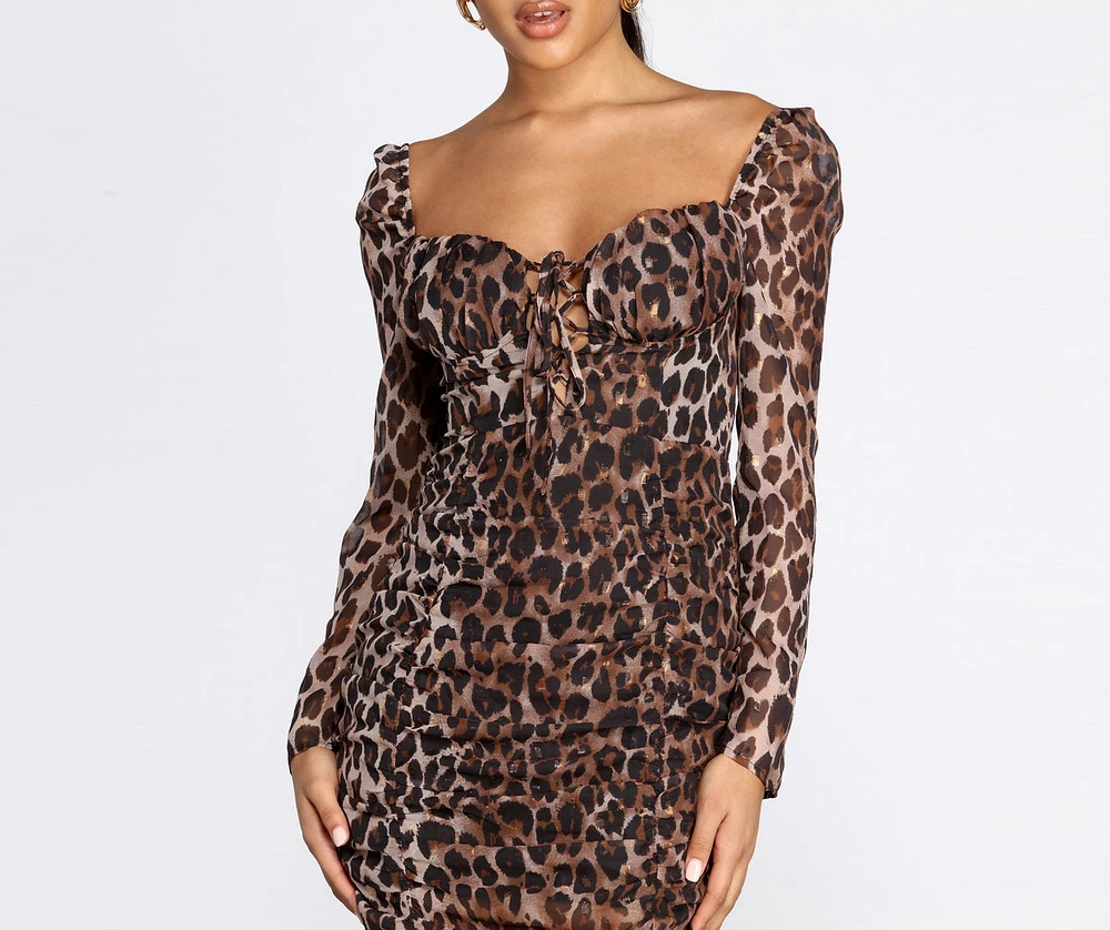 Metallic Leopard Ruched Mini Dress
