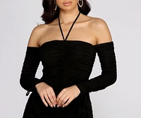 Ruching Into It Off Shoulder Mini Dress