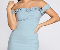 Crepe Ruffle Off Shoulder Mini Dress