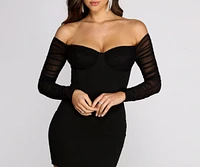 Nice To Meet Ya Ruched Off Shoulder Mini Dress