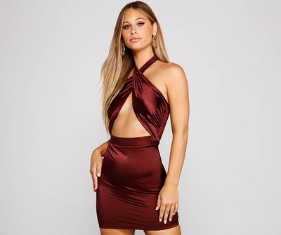 Sultry Sleek Satin Halter Mini Dress