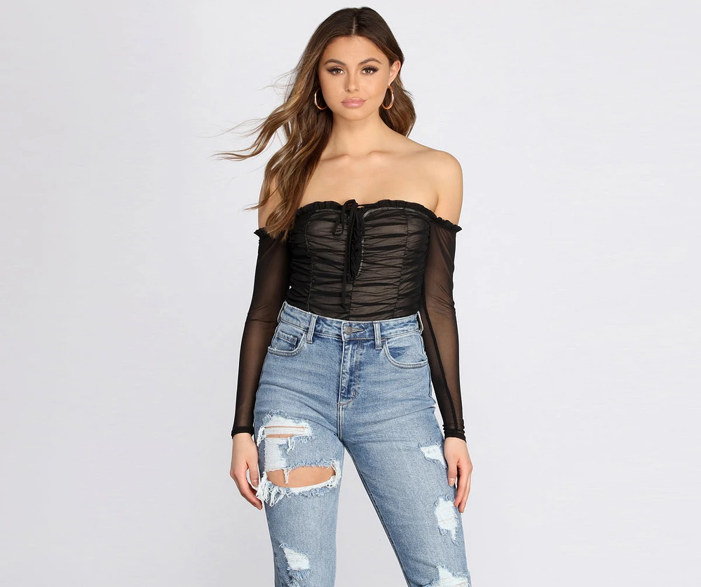 Ruched And Ready Lace Up Bodysuit