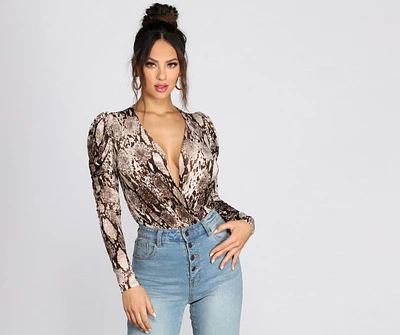 Puff Sleeve Snake Print Bodysuit