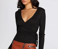 Ribbed Knit Tie Front Wrap Top