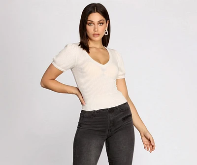 Puff Sleeve V Neck Ribbed Top