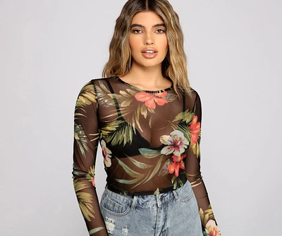 Tropical Long Sleeve Mesh Crop Top