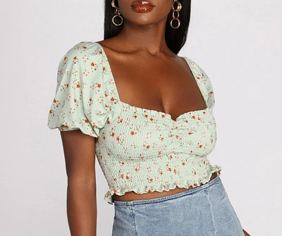 Ditsy Floral Puff Sleeve Crop Top