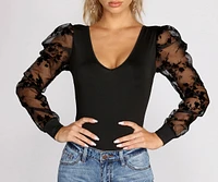 Chic Flocked Sheer Sleeve Bodysuit