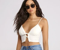 Double Row Tie Front Ribbed Crop Top