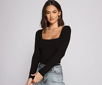 Square Neck Long Sleeve Knit Bodysuit