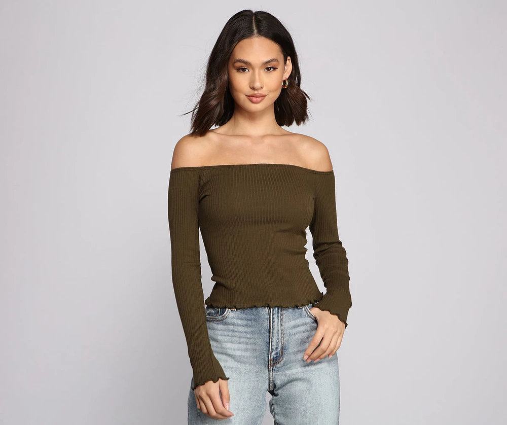 Off The Shoulder Long Sleeve Ribbed Knit Top