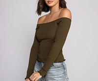 Off The Shoulder Long Sleeve Ribbed Knit Top