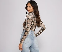 Velvet Snake Print Mock Neck Bodysuit