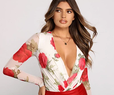 Floral Passion Surplice Mesh Bodysuit