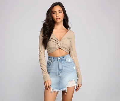 Ribbed Knit Twist Front Crop Top