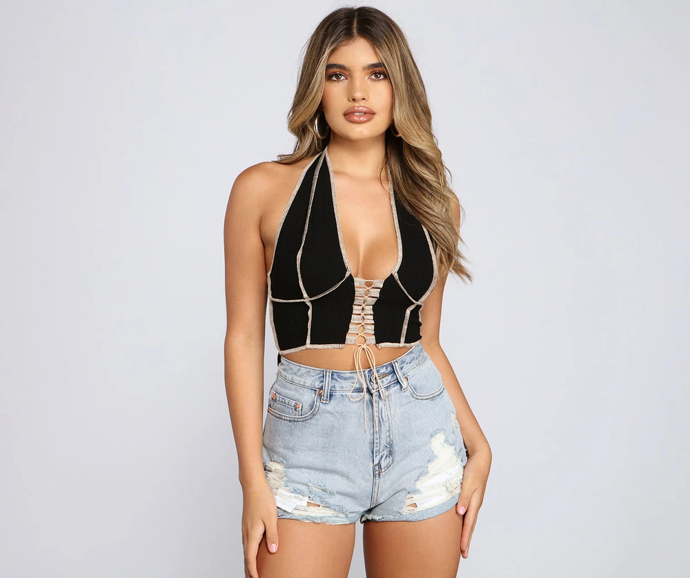 Taking The Plunge Ribbed Knit Halter Top