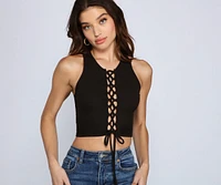 Totally Chic Lace Up Ribbed Knit Top