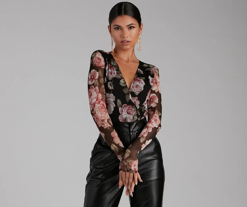 Autumn Roses Plunge Surplice Mesh Bodysuit