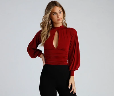 Chic Edition Mock Neck Keyhole Top