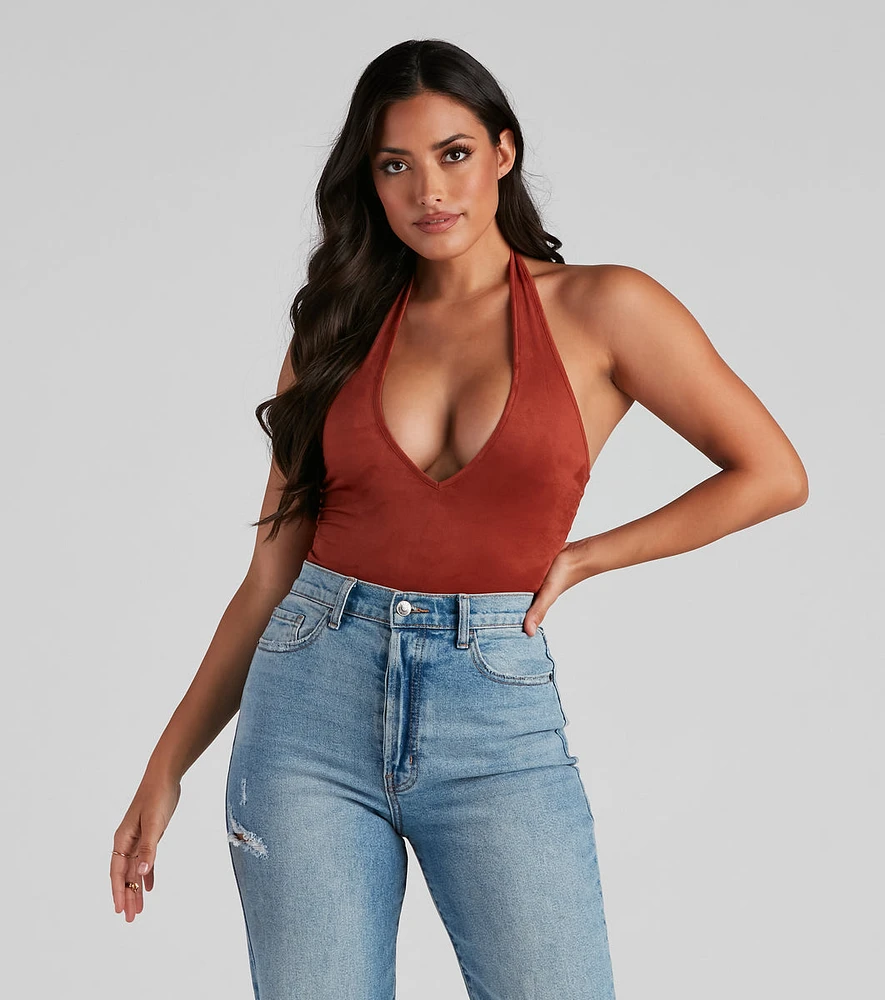 Take The Plunge Faux Suede Bodysuit