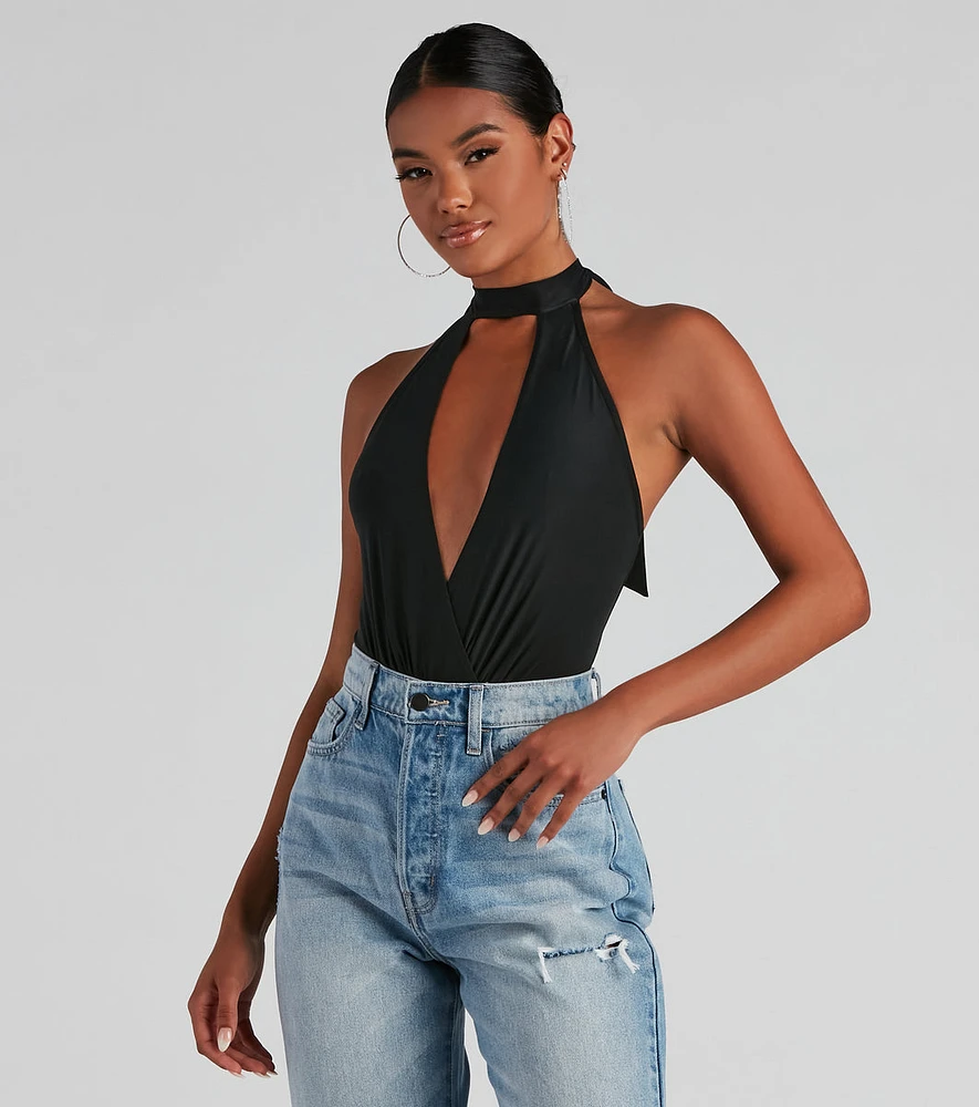 Sultry Plunge V-Neck Halter Bodysuit