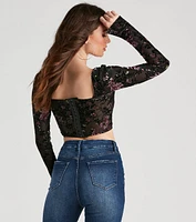 Trendy Florals Flocked Velvet Corset Top