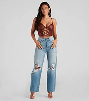 Late Night Faux Leather Lattice Crop Top