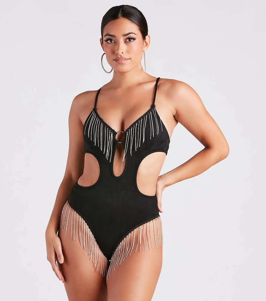 Fringed Out Rhinestone Faux Suede Bodysuit