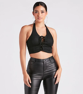 Hit The Town Faux Suede Lace-Up Halter Top
