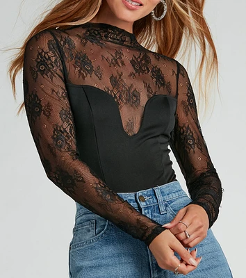 Sultry Allure Long Sleeve Sheer Lace Bodysuit