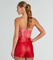 Sunset View Satin Abstract Mesh Corset Top