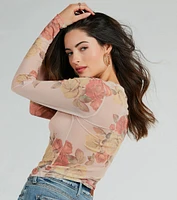Elevate The Charm Long Sleeve Floral Mesh Crop Top