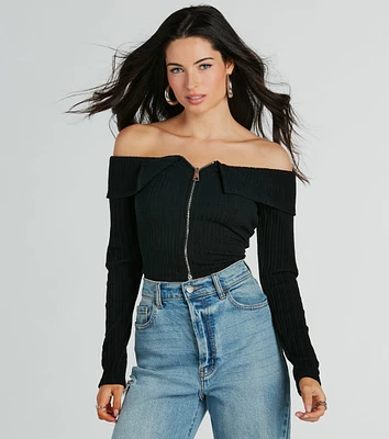 Cutely Charming Off-The-Shoulder Zipper Top