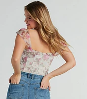 Gorgeous Blooms Lace-Up Floral Mesh Corset Top