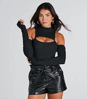 Catch Glances Mock Neck Cold-Shoulder Bodysuit