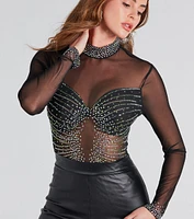 Rising Star Rhinestone Mock Neck Mesh Bodysuit