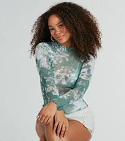 Fresh Floral Long Sleeve Mesh Crop Top