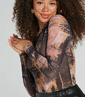 Cool Girl Abstract Print Sheer Mesh Crop Top