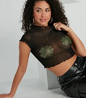 Sultry Charm Four-Leaf Clover Sheer Mesh Crop Top