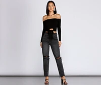 Off Shoulder Tie Front Crop Top