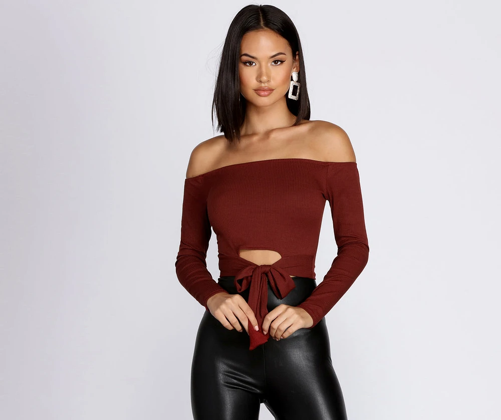 Off Shoulder Tie Front Crop Top