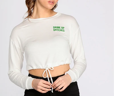 Drink Up Drawstring Crew Neck Cropped Top