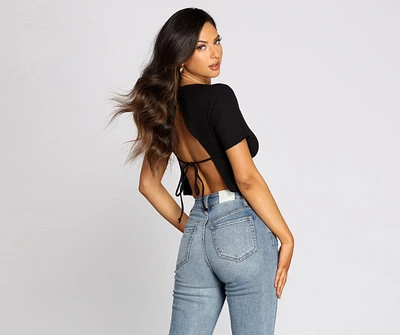 Open Tie Back Ribbed Knit Crop Top