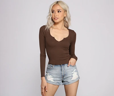 So Basic Notched Ribbed Knit Top