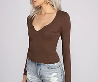 So Basic Notched Ribbed Knit Top